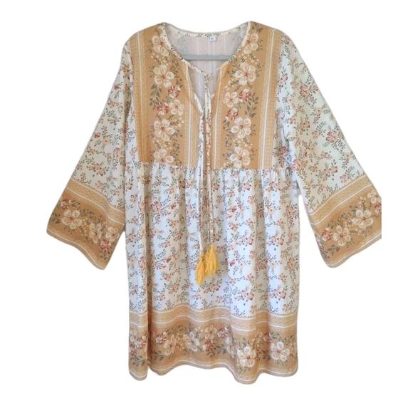 Festival Tops - Boho Floral Peasant Tunic top/Dress XL Cream/Gold Cottagecore Festival Prairie